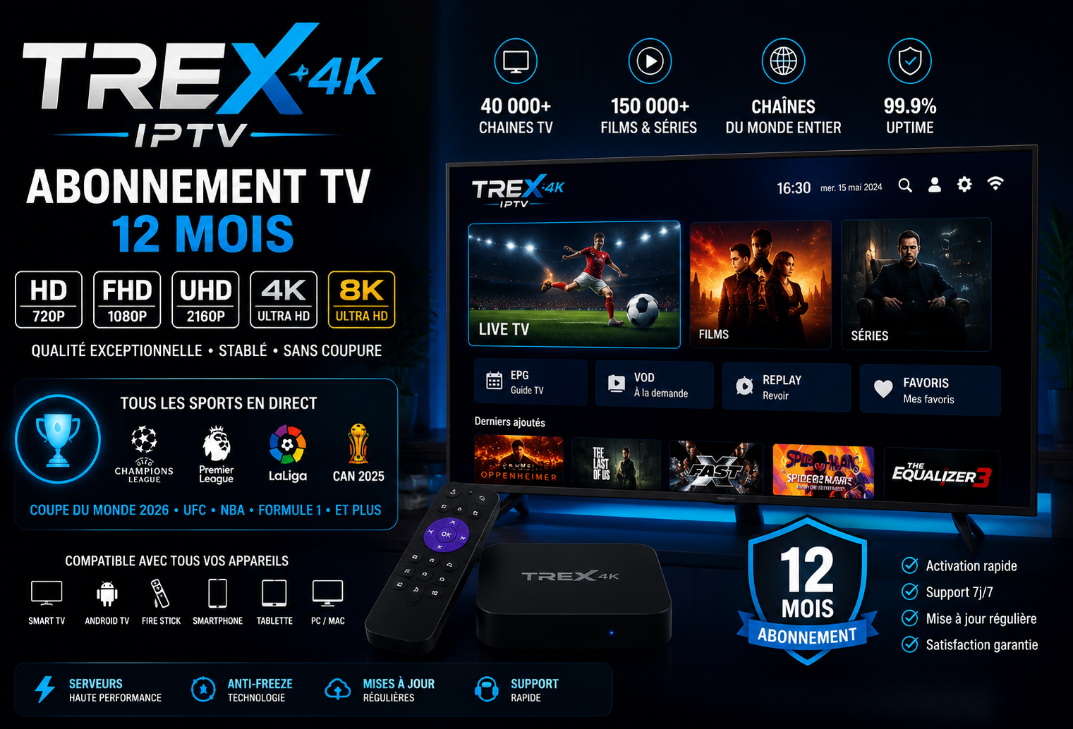 Trex 4K IPTV Abonnement TV Premium HD/FHD/4K/8K