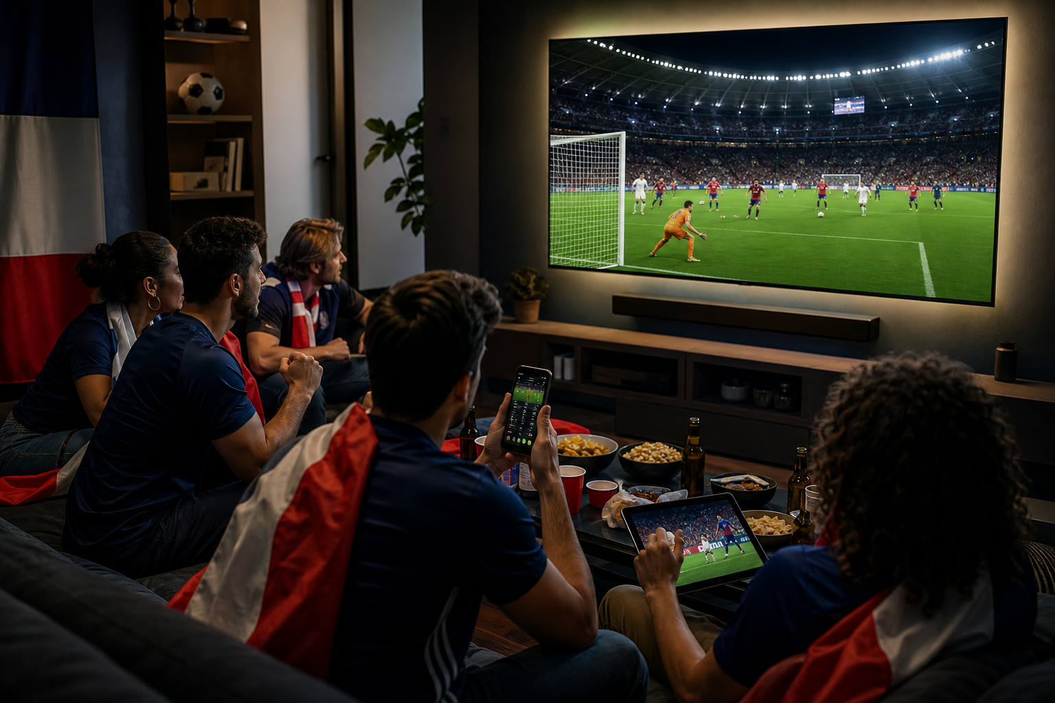 Des amis regardent un match de football à la télévision et sur des appareils mobiles dans un salon