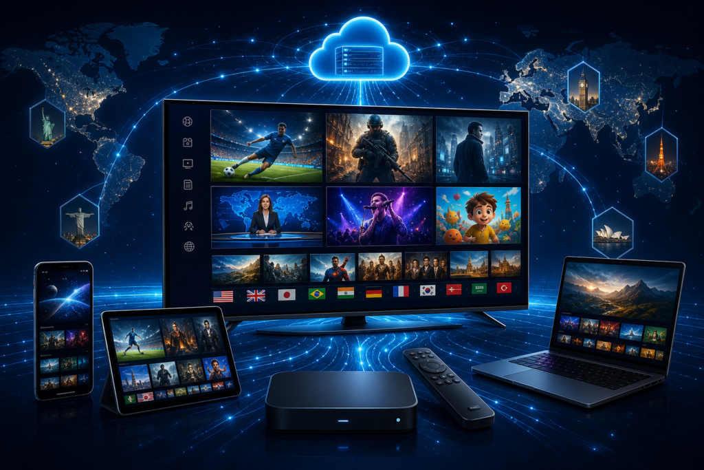 Plateforme de streaming multimédia sur plusieurs appareils, avec contenus internationaux et cloud centralisé