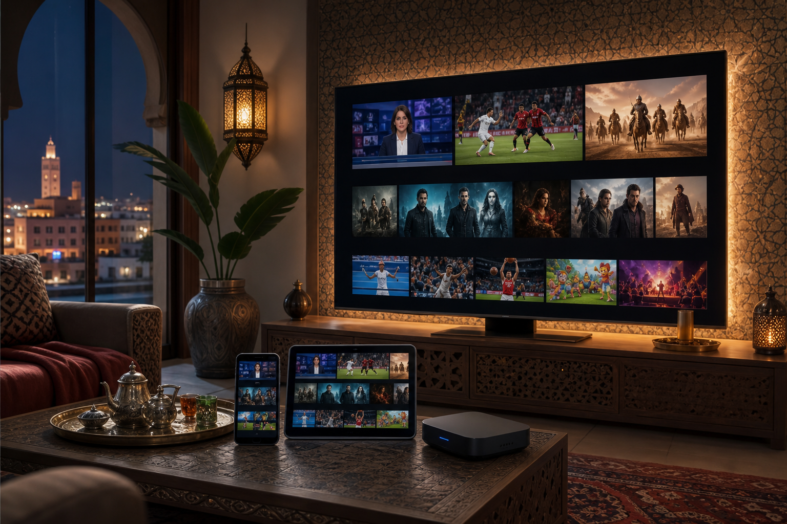 Salon avec téléviseur affichant une mosaïque de contenus, et tablette et smartphone montrant la même interface de streaming