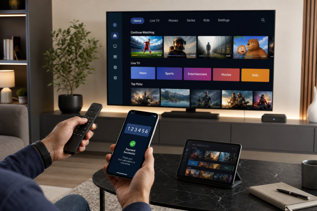 Téléviseur avec interface de streaming, télécommande et smartphone affichant un paiement réussi pour l’abonnement
