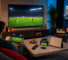 Un homme regarde un match de football sur plusieurs écrans dans un salon