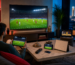 Un homme regarde un match de football sur plusieurs écrans dans un salon