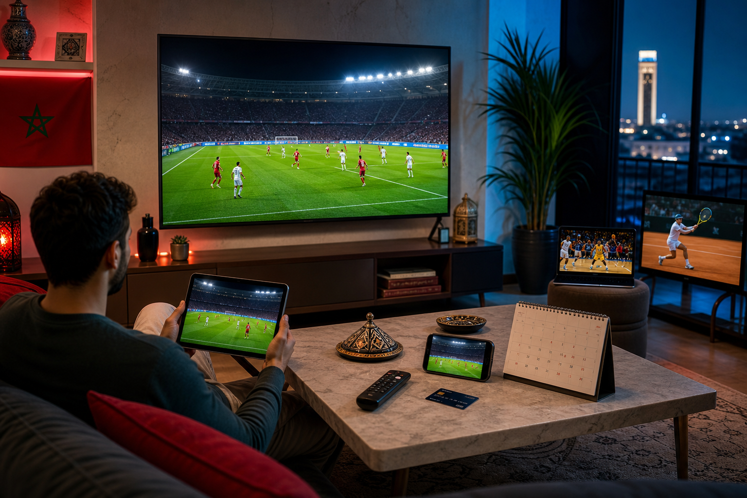 Un homme regarde un match de football sur plusieurs écrans dans un salon