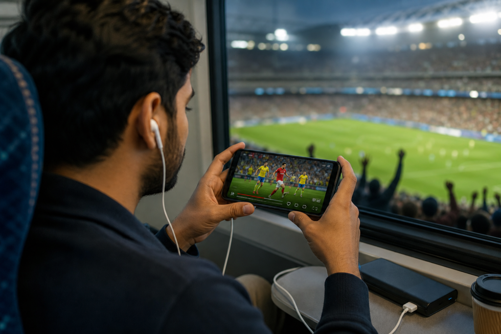 Un passager regarde un match de football sur son téléphone pendant qu’il est dans un train