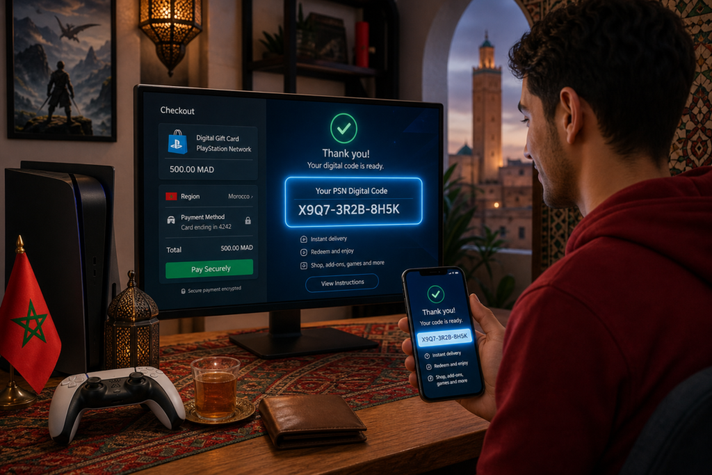 Code numérique PlayStation Network de 500 MAD affiché sur un écran et un téléphone, avec confirmation de paiement