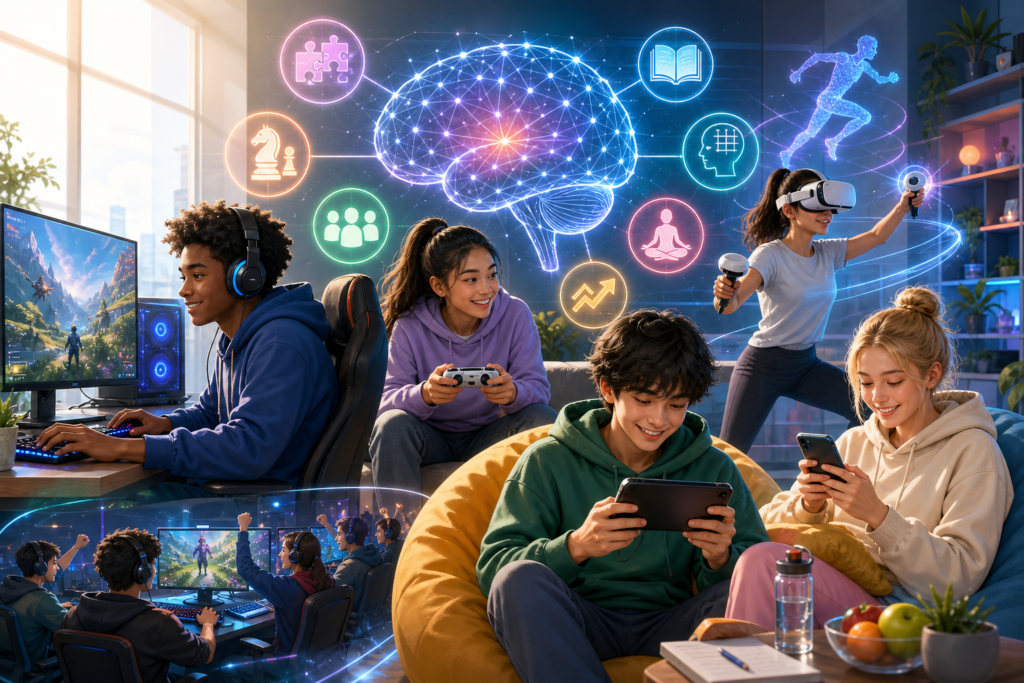Des adolescents jouent à des jeux vidéo et à la réalité virtuelle, avec un cerveau numérique et des icônes d’apprentissage en arrière-plan
