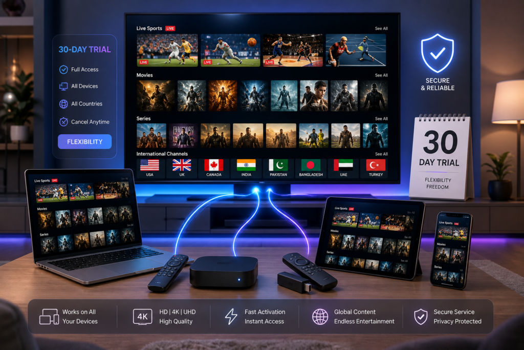 IPTV 1 Mois : Essai gratuit de 30 jours avec accès multi-appareils, contenu mondial et service sécurisé