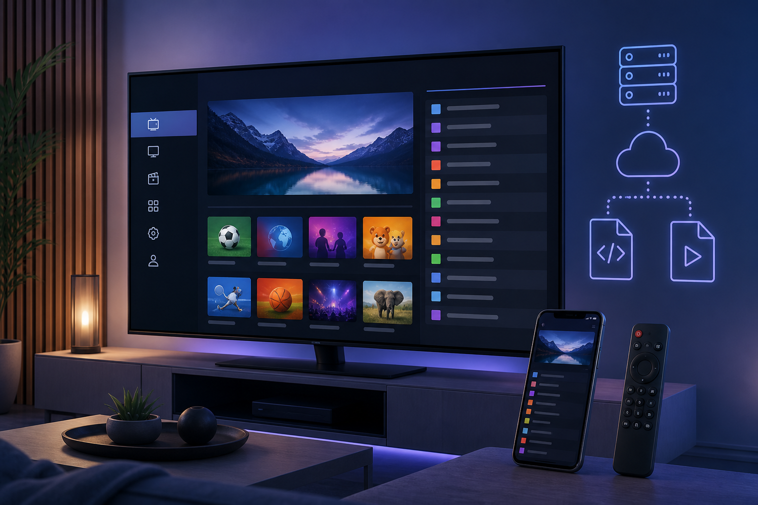 Interface de télévision connectée avec applications, smartphone et télécommande