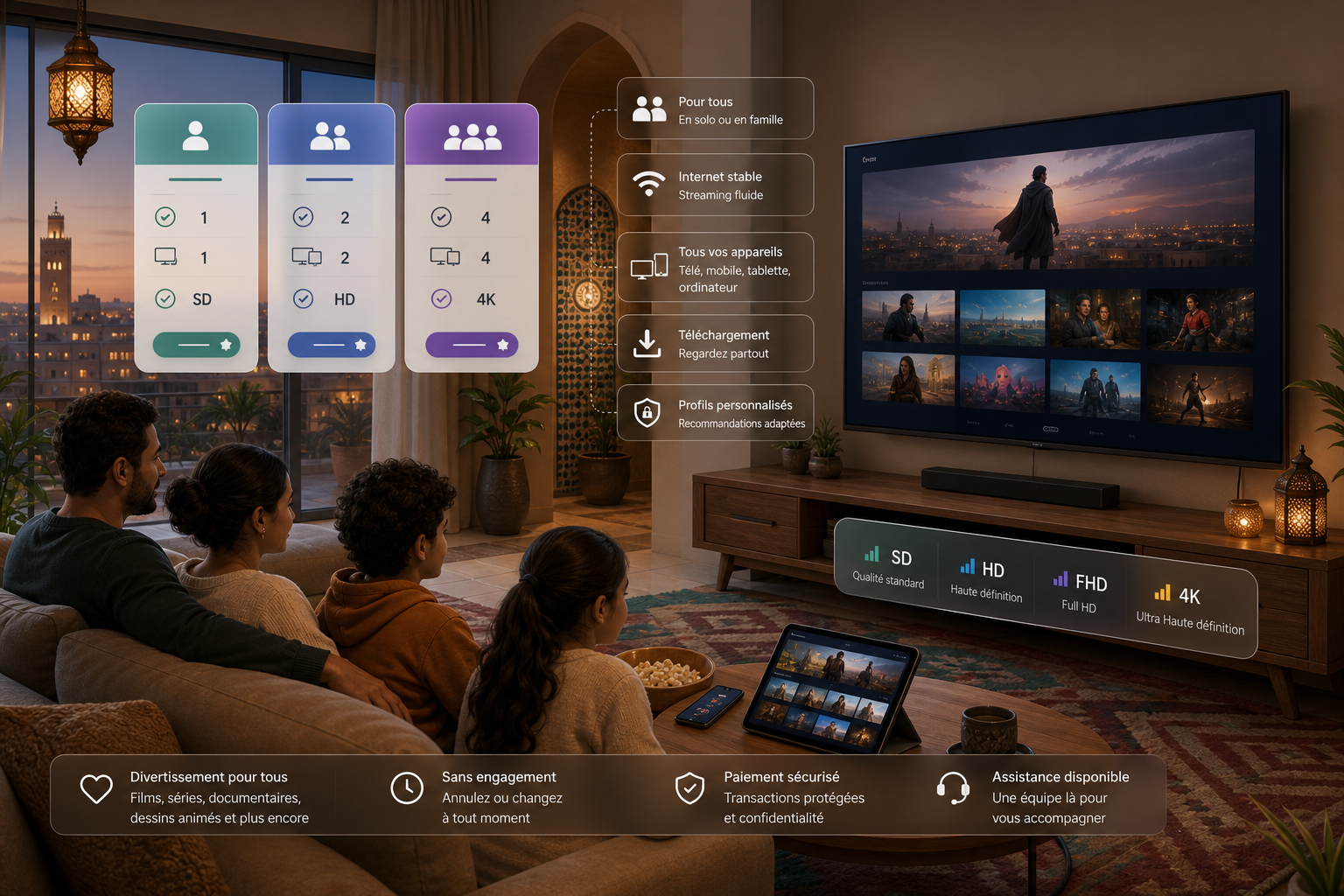 Offre de streaming familial avec SD, HD, FHD et 4K, sur plusieurs appareils et sans engagement